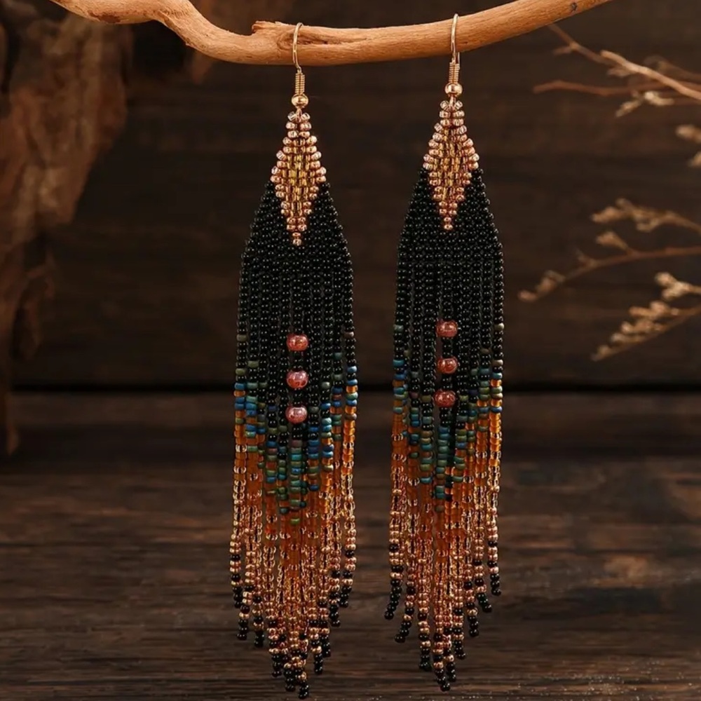 Hand Crafted Seed Design with Gold Accents Fringe Polychrome Earrings
